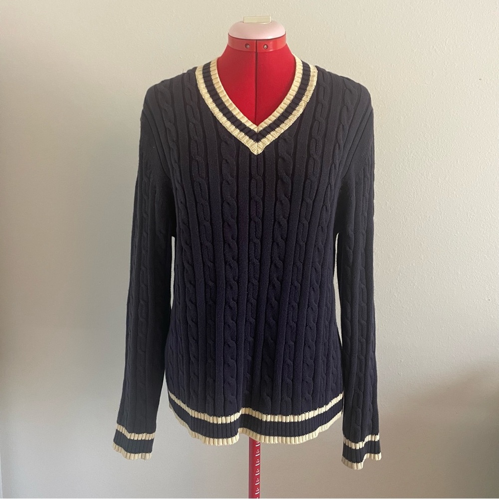 Navy Cable Knit V-Neck Sweater